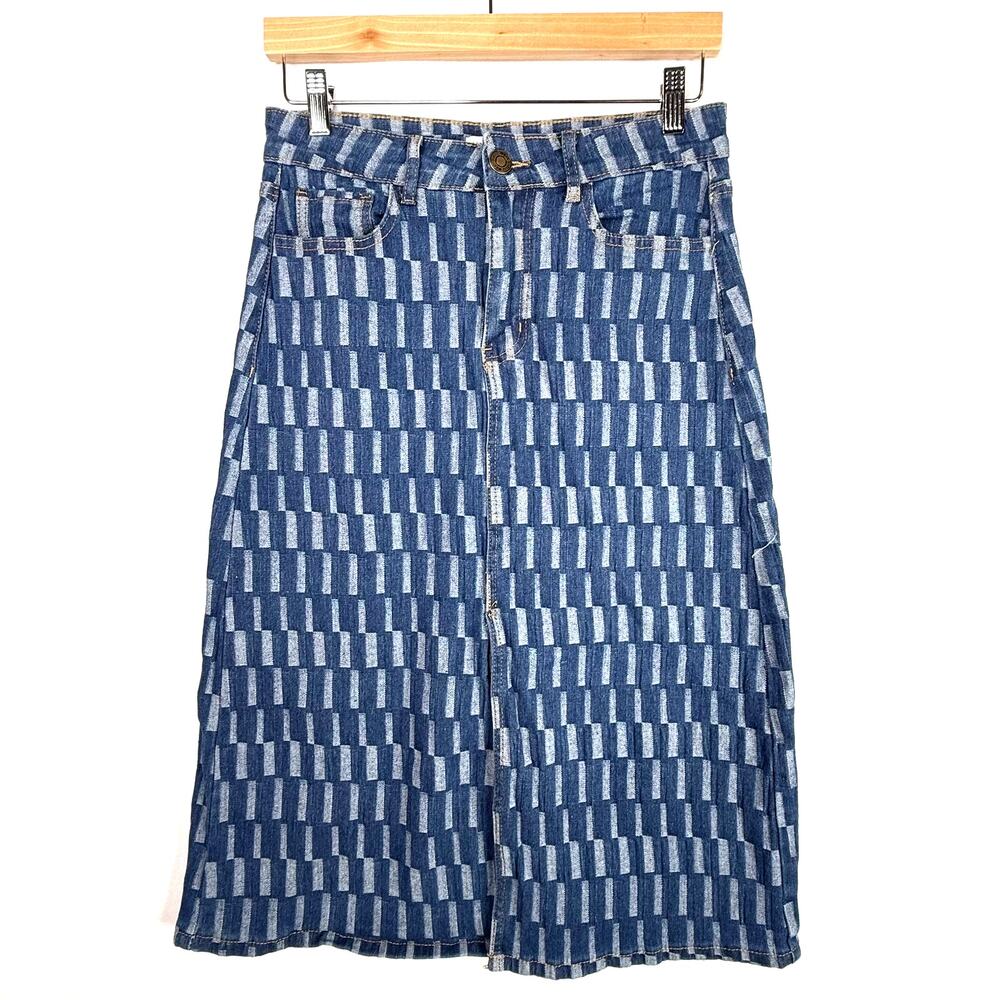 Vintage Violet Denim Checkered Print Denim Midi Skirt M
